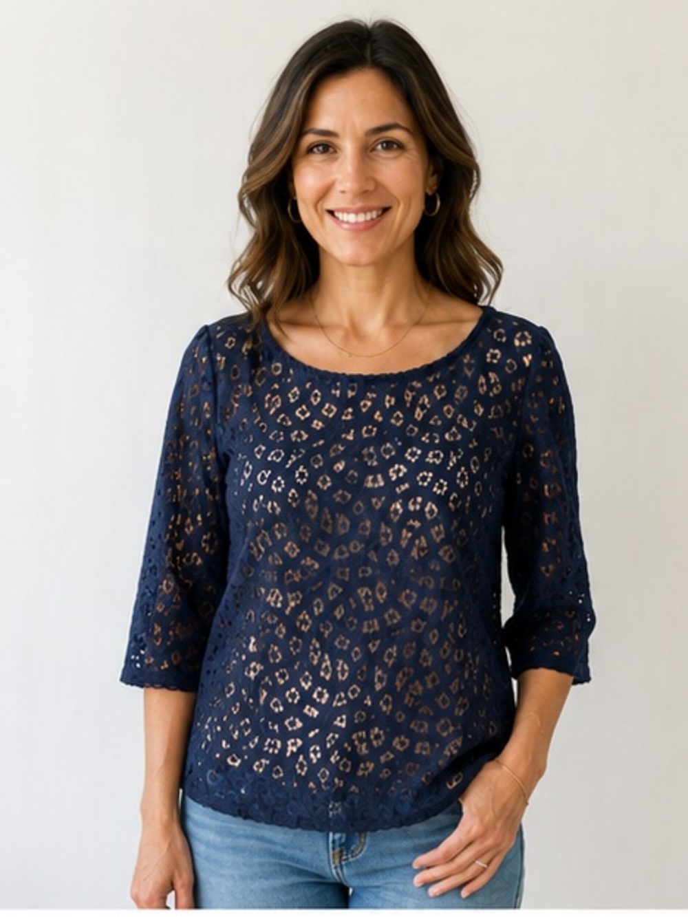 Loft 3/4 Sleeve Lace Overlay Women's Top